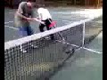 Pogo over tennis court net