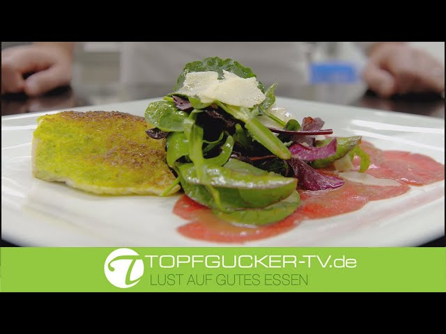 Carpaccio vom Rind an Loup de Mer (Wolfsbarsch) an Kräuterkruste