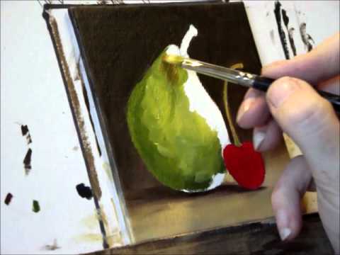 painting cherries - My oil painting from life of a pear and cherry. My paintings are availabe on ebay.co.uk. ebay seller ID. pinkpint. or search