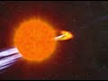 an artistic impression showing the formation of the double pulsar system. after the supernova explosion of the more massive star and the formation of a pulsar, the companion evolves and becomes a giant star. during that phase, mass is accreted on the pulsar which as a results spins up to shorter rotation periods. eventually, the companion stars also explodes in a supernova and the second pulsar is born. narrow beams of radiation sprays out.
animations courtesy of john rowe animation