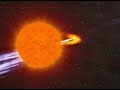 an artistic impression showing the formation of the double pulsar system. after the supernova explosion of the more massive star and the formation of a pulsar, the companion evolves and becomes a giant star. during that phase, mass is accreted on the pulsar which as a results spins up to shorter rotation periods. eventually, the companion stars also explodes in a supernova and the second pulsar is born. narrow beams of radiation sprays out.
animations courtesy of john rowe animation