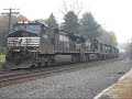 November 14, 2007: NS 9314, NS 9868, NS GP38-2 5613, NS Hi-H GP38-2 5225, CR SD60 NS 6713, NS GP40-2 3037, NS Hi-H GP38-2 5070, and ME FL9 488. The 14th car has a new mow machine, the 48th car (1:18) has a 10 foot chain whipping off the side of the train at 40+ MPH! It was kicking up ballast at me and nearby cars! So I called it in and within minutes Harrisburg East told the train to safely stop because of a report of a chain dangerously hanging off car 48 a TTJX 82010. It could become a hazard if it became dragging equipment, which the detector will only catch if it is underneath the train. I have some clips of the two conductors inspecting the car after securing the chain, some nice idle shots of all the power, and caught that awesome Maine Eastern FL9 again! NS H31 met NS 33A when starting to move. WOW! The crew was all female today. It's great to see the women at NS do the work!