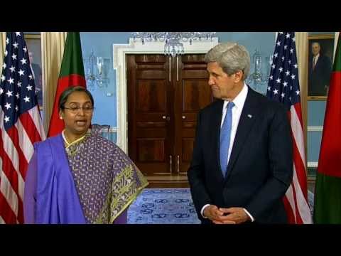 minister - U.S. Secretary of State John Kerry delivers remarks with Bangladeshi Foreign Minister Dipu Moni at the U.S. Department of State in Washington, DC on May 17, ...