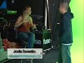 josh taub, fuse's p.a., gets some pants off dance off tips from jodie sweetin. his first lesson...most people start on the top!