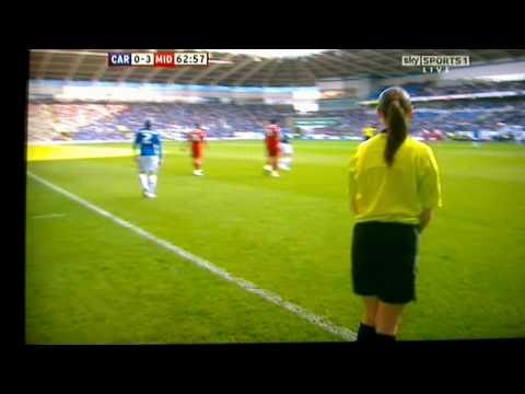 Cardiff city player knocks over female linesman!!