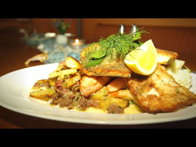 Fischplatte von Ostseefisch | gebratenen Dorsch, Zander, Lachs und Seelachs