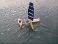 Topher test 2 with repositioned leeward foil to maximize countering sail heeling force. With hinged rotating body and fixed rotating body. Fixed design being similar to my leefoil design except with two windward hulls.