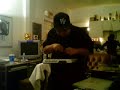 squareweezy of the fingerbangerz demonstrates his pact with the devil (standing in the background) by making his drum machine float in mid air.