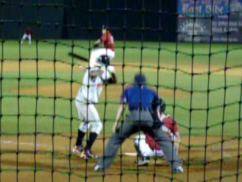 alex burnett - http://www.twinsontwins.blogspot.com New Britain Rock Cats' relief pitcher Alex Burnett gives up a single to Ambiorix Concepcion of the Bowie Bay Sox in the ...