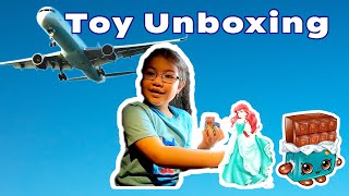 Surprise Toys Unboxing PJ Mask, Shopkins Squeezkins, Disney Princess Royal Figure on the airplane!