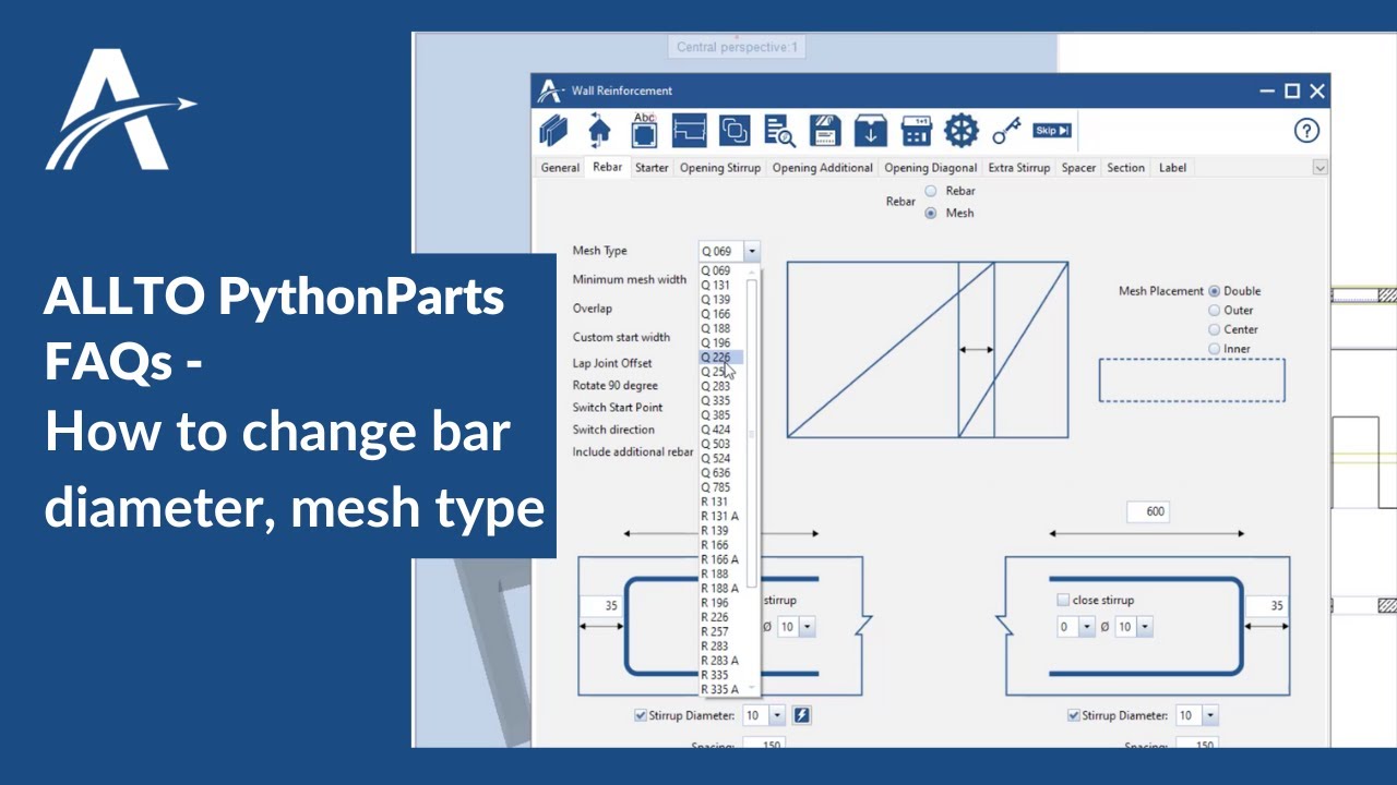 FAQ | How to change bar diameter, mesh type in ALLTO PythonParts