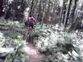 Ben and Loz riding a singletrack descent in Lordswood