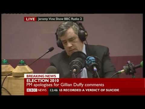 Gordon Brown - Gordon Brown caught on Sky News microphone describing Labour voter as bigot (a microphone his team requested be attached to his lapel). Close the door on you...