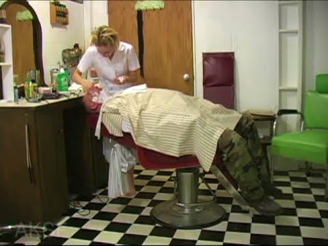 barberette - Find the full video at www.haircuttingfun.com The barber shaves her nape, face, and eyebrows. The barberette shaves his nape and face. A fun video with a story.