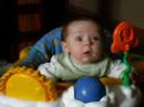 Baby Cate plays in her walker.