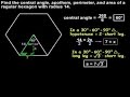 Access full lesson containing this video at: http://www.yourteacher.com/geometry/areaofahexagon.php Students learn the formula for the area of a regular polygon, as well as the definitions of the center, a radius, a central angle, and an apothem of a regular polygon. Students are then asked to solve problems using the formula for the area of a regular polygon. Note that right triangle formulas and trigonometry are used extensively in the problems in this lesson.