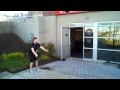 Slam Ball Squat Throw - start line. With the dead ball in both hands, squat down until your elbows touch your knees. from here EXPLODE! up and out throwing the dead ball as far as possible, Notice I didn't say as HIGH as Possible but AS FAR AS POSIBLE meaning Horizontal direction. Males use a 30 lb dead ball females use a 20 lb dead ball. measure the horizontal distance from the start line to the end of the ball. 