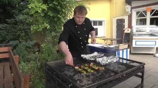Gegrilltes Hechtfilet mit Rosmarinkartoffeln und Gemüsespieße