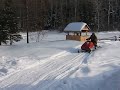 This is my 1976 Alouette Sno Duster. 340cc twin, Xenoah engine. My dad driving, towing an old Snow Bug track as a trail groomer
