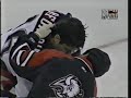 Francois Leroux ends Pat Lafontaine's career and then proceeds to pummel Rob Ray. This is probably the hardest hit I've ever seen. If you listen closely, you can hear the hit and also hear Lafontaine's body hit the ice.