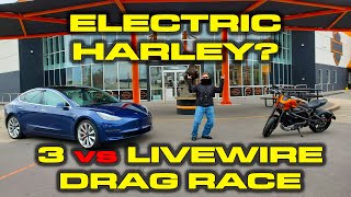 FIRST ELECTRIC HARLEY 1/4 MILE RACE * Tesla Model 3 vs Harley-Davidson Livewire 1/4 Mile by DragTimes
