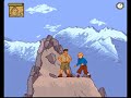 in this part of the game, snowy reveals himself to be a bit of dick, as he drinks some whiskey, gets absolutely hammered and falls into a fast-flowing river, forcing tintin to go after him. after that little distraction, we get the hardest stage in the game so far, the chorten, which wouldn't be so bad if tintin wasn't constantly running the entire time. thankfully the difficulty levels out again with the following stage, a snow-capped mountain with the only real hazards being rolling snowballs and the occasional falling snow drift. don't be fooled though, things are about to get a lot more ugly...