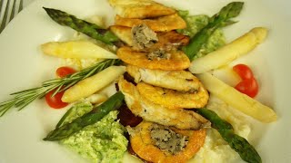 Doradenfilet mit schwarzen marinierten Tr&uuml;ffel an Spargelvariationen auf Kartoffelchips