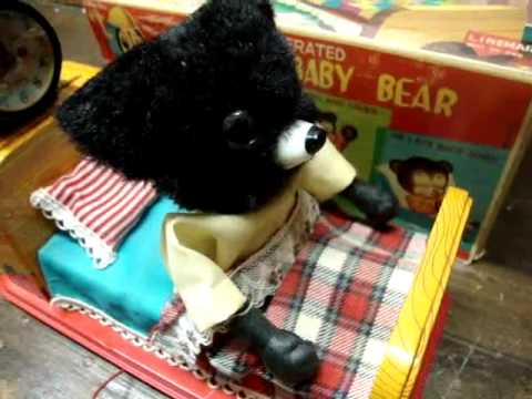 antique Toys 1950's - Line Mar Marx - Made in Japan. Mint in Original Colorful Box. Alarm clock hands move around the clock, Alarm Rings, Baby Bear rises, opens eyes, stretches, y...