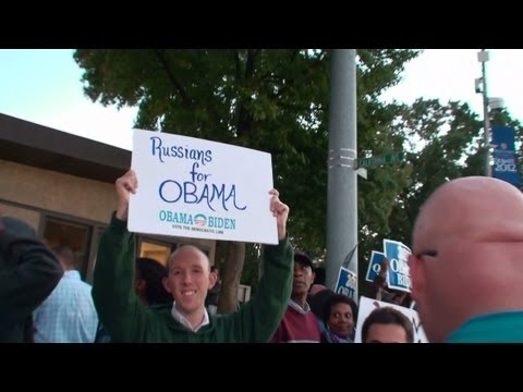 RUSSIANS - In front Hofstra University, Hempstead, NY. October 16, 2012. Romney-Obama Presidential Debate of 2012.