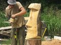 chainsaw carving Moai, tiki head, arborist, tree climber