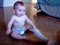 baby and dog sharing toy