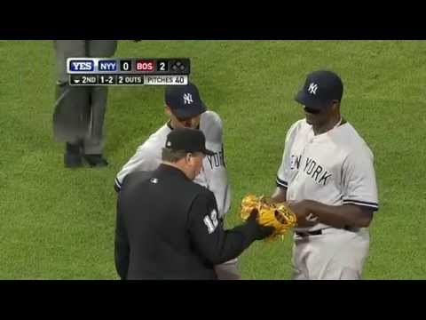 Caught - Pineda ejected from from the game after caught with pine tar on his neck. Video is owned by MLB.
