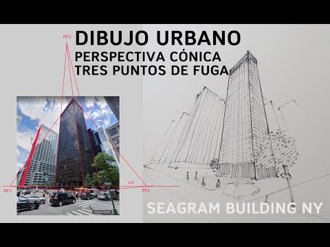 Perspectiva para dibujo urbano. Cónica con tres puntos de fuga. Seagram Building con 3 puntos de fuga Perspectiva para dibujo urbano. Cónica con tres puntos de fuga. Seagram Building