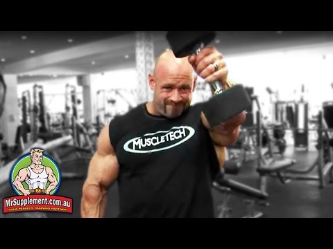 front delt - http://www.mrsupplement.com.au - Arnold Classic Winner Branch Warren demonstrates the Dumbbell Front Raise exercise technique. Branch's tips: use the mind-mu...