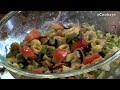 You Will Need: Tortellini (we use 3 colored ones with cheese) Red Onion Tomato Black Olives Italian Dressing mix up, leave overnight, and enjoy! :)