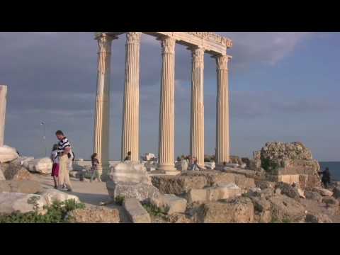side - Video footage of the historic town of Side in Antalya region, Turkey. The film includes views through the town to the Marina front, as well as the ruins of t...