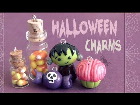 Charms - Polymer clay charms are great for Halloween. In this DIY, learn how to make a creepy brain cupcake, a cute Frankenstein, some skull candy, & even candy corn ...