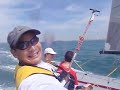 Three men, one on trapeze, sailing on a Shaw650 PornStar. Beautiful day for sailing on Pattaya Jomtien. Nice and strong (10-12 building up to 18knots) wind.