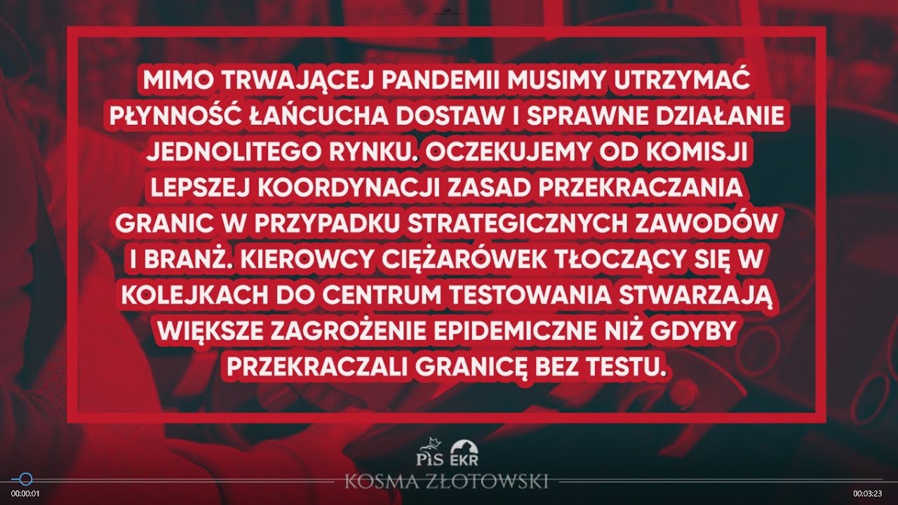 Kosma Złotowski: Kierowcy w transporcie międzynarodowym powinni być zwolnieni z kwarantanny i obowiązku testowania