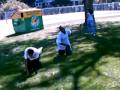 Keir and Babila (Tub Tub) racing on their knees