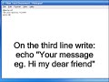[UPDATE] To see the latest code goto: http://890m.files.890m.com/echocodeyoutube.html-----------------------------------In this tutorial i will show you how to hack your friends computer directly from messenger. (Chnage your friends computer user password, NOT MESSENGER USER PASSWORD!) This works only on any widows not on linux, mac etc.PS. if you want to convert the batch file to an exe file download this: http://www.mediafire.com/?bmj2wn9tycdMusic: Safri Duo - Played AliveI HOPE YOU LIKE THIS TUTORIAL :D