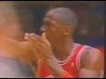 April 19, 198878 games into the 1987-88 season, the Bulls were 48-30. They needed to win 2 out the final 4 games to reach the 50-win mark for the first time in 15 years. Scoring 47 points on 18-27 (67%) shooting, Jordan made sure they got the first one. He had various great dunks and drives along with the jumpers. This is the game in which he accidentally kicks Ewing in the head after one of his well-known alley-oops. And yes, commentary wasn't English. Enjoy. Post game notes and quotes:=========================BULLS 121 KNICKS 118NEW YORK -- Michael Jordan put on a magic dunking show and brilliant all-round scoring performance Tuesday night that had the local media, as well as himself, thinking MVP.He scored a game-high 47 points, including six sensational dunks, to lead the Bulls (49-30), the league's hottest team with six wins in a row, to a 121-118 victory over the Knicks before a sellout Madison Square Garden crowd of 15,591.