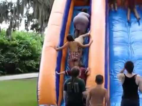 Fat Woman Falls Down Waterslide & Wipes Out Kids in Line