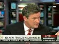 8:20 pm est - msnbc's coverage of the new hampshire primary continues, with co-anchors chris matthews and keith olbermann, with a statement by projected winner, john mccain.  the polls closed approximately twenty minutes ago in new hampshire, 13% of the vote is in and tabulated and has been reported since 7 pm, when some of new hampshire's polls had closed.  matthews and keith speculate as to who's still in this, '52 pick up', 'should romney skip michigan?', etc.  the round table (joe scarborough, eugene robinson, katrina vanden heuvel, howard fineman) joins to discuss nasty ads, exit polls, and more.  