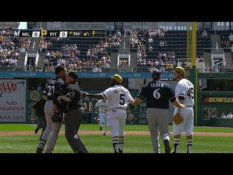 Video: MIL@PIT: Benches clear after Gomez triples in the 3rd