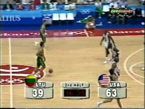 Jordan - Michael Jordan, coming off eighteen holes of golf, volunteered for the challenge of guarding Sarunas Marciulionis (#13) in the semi-finals of the 1992 Olympi...