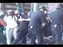 Unprovoked attacks by Los Angeles police. From the counter-protest called by ANSWERLA.org to protest a Minutemen march in Hollywood on July 8, 2006. 

Man in white shirt on left walks towards police, is clubbed. Others are clubbed, person in wheelchair knocked over. Screams of 