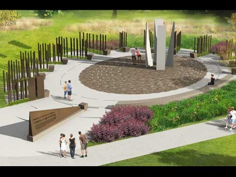 Overhead view of Memorial showing rows of bronze columns radiating from center area.