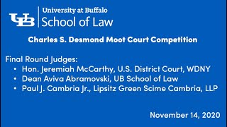 Blue PowerPoint slide announcing the 2020 Charles S. Desmond Moot Court Competition's final round.