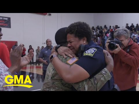 Army son surprises mom at high school pep rally after 2 years deployed | GMA Digital